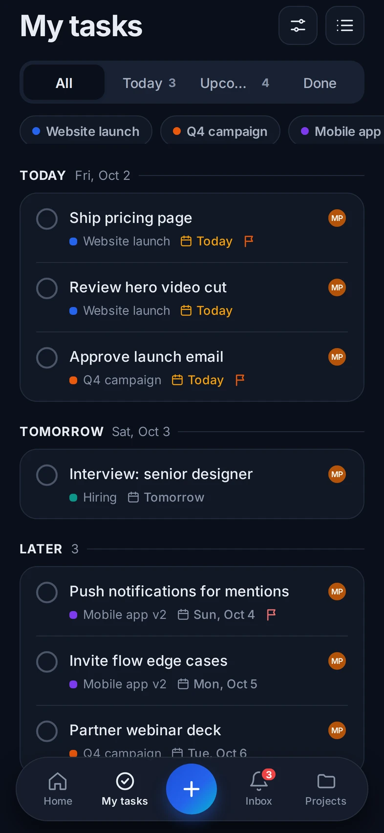 TaskRooms mobile My tasks, grouped into Today, Tomorrow and Later