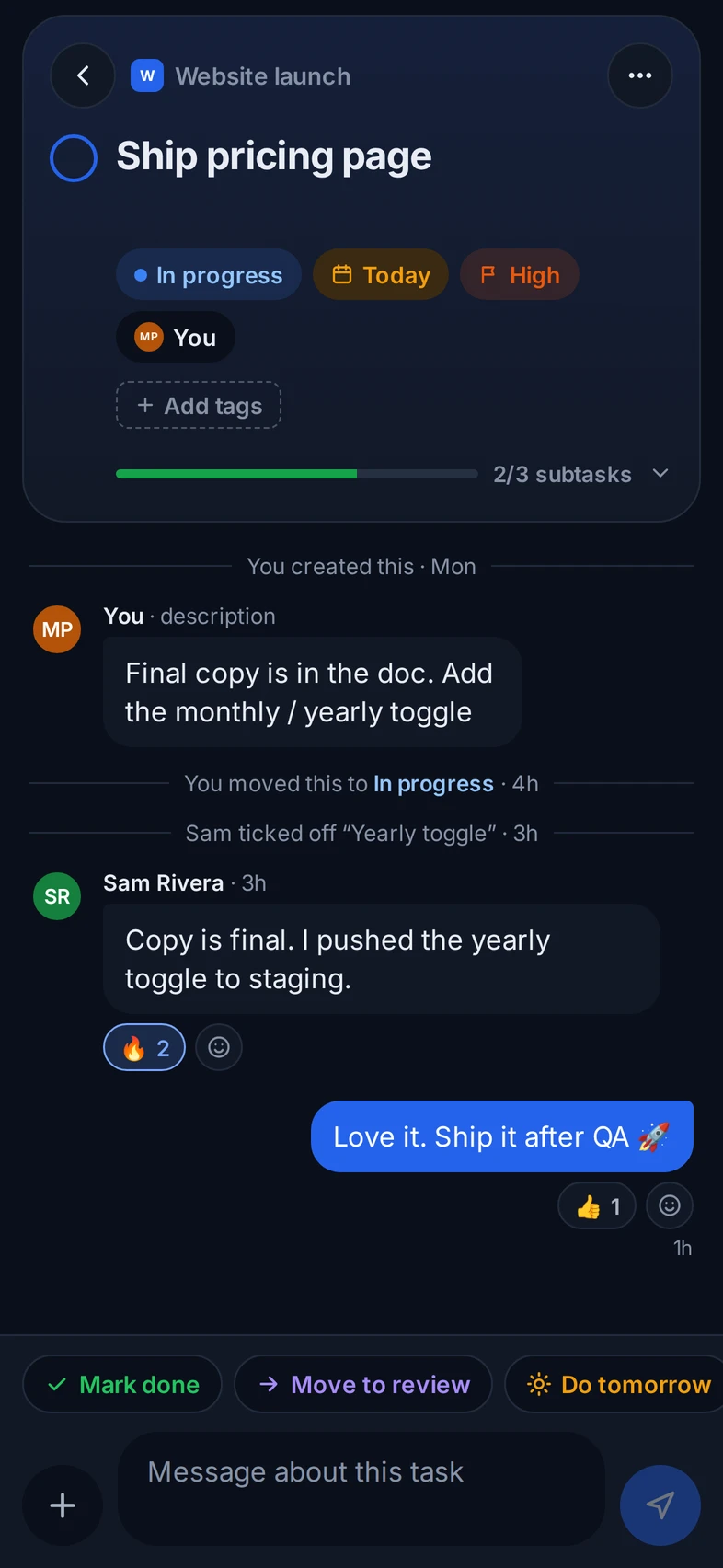 TaskRooms mobile task screen: status, due date and priority chips above a conversation with comments, reactions and quick actions